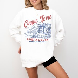 Cinque Terre Comfort Colors Lightweight Cotton Crewneck Sweatshirt | Vintage Italy, Italian Riviera Pullover White