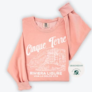 Cinque Terre Comfort Colors Lightweight Cotton Crewneck Sweatshirt | Vintage Italy, Italian Riviera Pullover Peachy