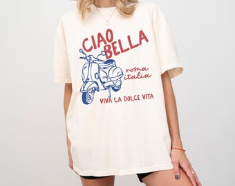 Ciao Bella, Roma Comfort Colors Short Sleeve Cotton T-Shirt | Boho Vintage Retro Style, Trendy Oversized Graphic Tee | Gift for Her, Italian