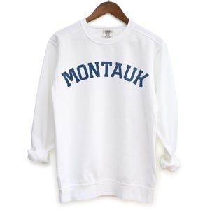 Montauk Comfort Colors Crewneck Sweatshirt | Vintage Faded Grunge Style Pullover Sweater | Hamptons, New York Sailing, Yacht, Athleisure Top White