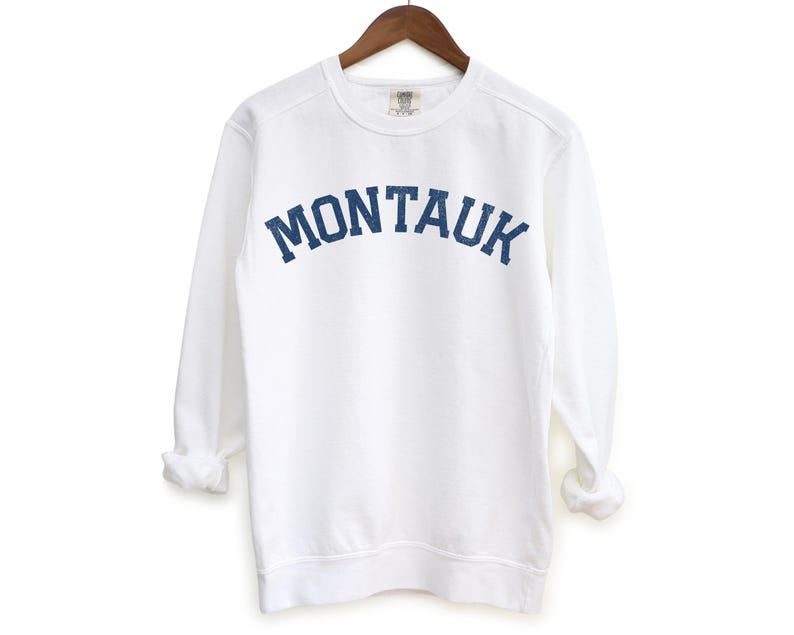 Montauk Comfort Colors Crewneck Sweatshirt | Vintage Faded Grunge Style Pullover Sweater | Hamptons, New York Sailing, Yacht, Athleisure Top White