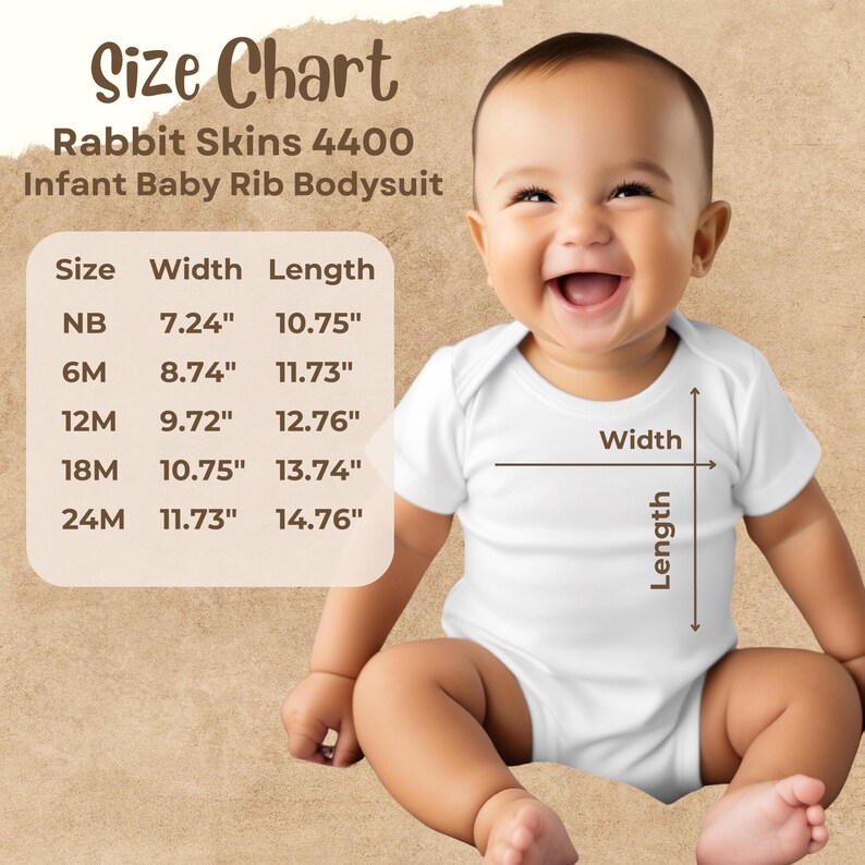 May include: Size chart for infant baby rib bodysuits from Rabbit Skins 4400. The chart shows sizes from newborn to 24 months with corresponding width and length measurements in inches.