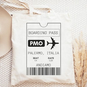 Palermo, Italia Boarding Pass Canvas Tote Bag | Sicily, Italy Travel Grocery Tote Bag | Italian Beach and Travel Tote