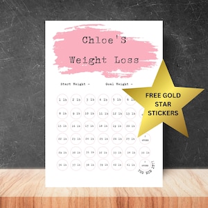 May include: A printable weight loss chart with a pink background and the text "Chloe's Weight Loss". The chart has a grid of circles with numbers from 1 to 41, representing pounds. There are also two gold star stickers with the text "FREE GOLD STAR STICKERS" and "2 STARS YOU DID IT!!".