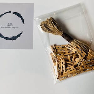 May include: A clear plastic bag filled with a large quantity of small wooden clothes pegs. A ball of twine is also included in the bag.