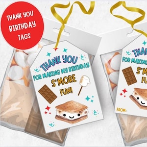 May include: Two white thank you tags with a s'more theme. The tags have a brown chocolate bar, a marshmallow on a stick, and a s'more with a smiling face. The text on the tags reads "Thank you for making my birthday s'more fun!"