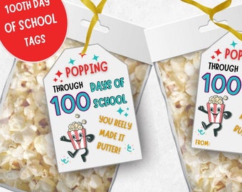 100 Days of School Printable Tag, Classroom Snack Popcorn Bag Tags, Gift for Students, Popcorn Tags, Happy 100th Day of School Classmate