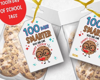 100 Days of School Printable Tag, Cookie Thank You, One Smart Cookie, Classroom Snack Cookie Bag Tags, Happy 100th Day of School Classmate