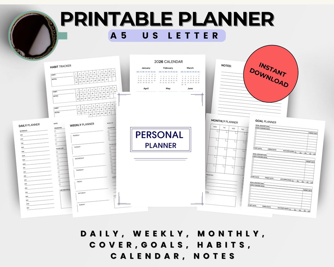 Printable Personal Planner Organizer Schedule Bundle, Office/remote