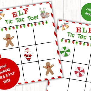 May include: Two printable Elf Tic Tac Toe game sheets. The games feature Christmas-themed graphics, including gingerbread men and Santa Claus. The text "ELF Tic Tac Toe!" is displayed at the top, with a string of Christmas lights. The red circle says "INSTANT DOWNLOAD US LTR & 13.46cm X 17.78cm SIZES".