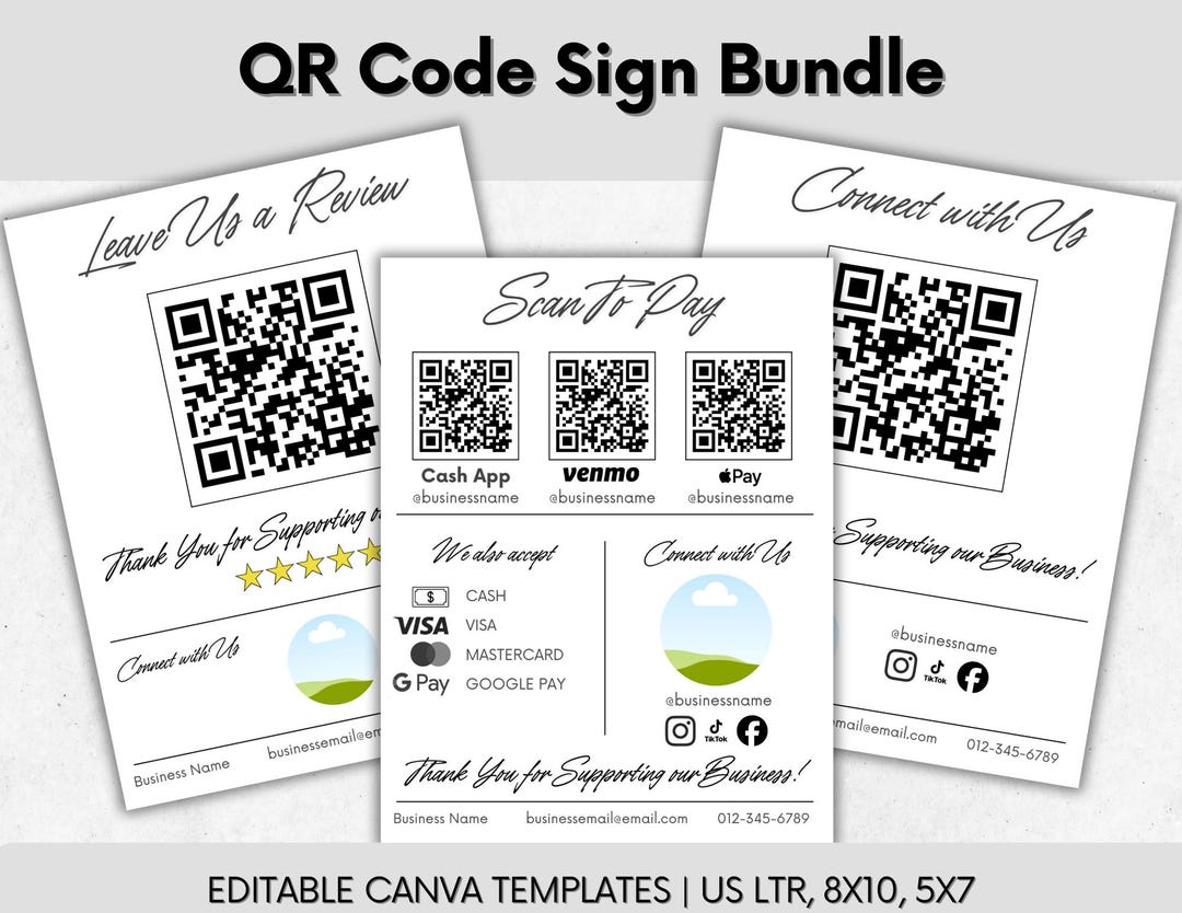 Qr Code Sign Bundle QR Code Small Business Sign Bundle. Editable Canva Template. Scan to ...