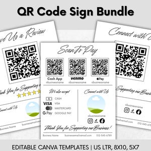 Op de afbeelding: Een bundel witte, bedrukbare borden met zwarte tekst en QR-codes. De borden bevatten "Laat een recensie achter", "Scan om te betalen" en "Maak contact met ons". Bedrijfscontactgegevens en social media-pictogrammen zijn ook inbegrepen.