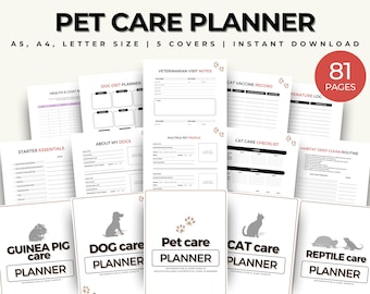 May include: A collection of pet care planners with various covers, including guinea pig, dog, cat, and reptile care. The planners include pages for veterinarian visits, diet, and checklists. The text on the top reads "PET CARE PLANNER".