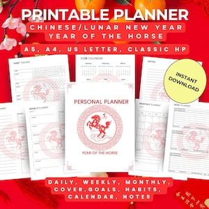 Agenda imprimable Nouvel an chinois/lunaire/zodiacal du cheval. Organisateur de calendrier lunaire. PDF quotidien/hebdomadaire/mensuel/objectif/habitude. Format A5/A4/US Ltr/HP