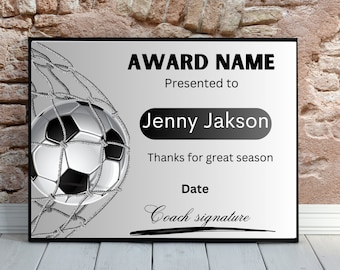 Soccer Award Certificate Editable Canva Template, Printable Award End of Season Ceremony Soccer Awards, Soccer Participation Award