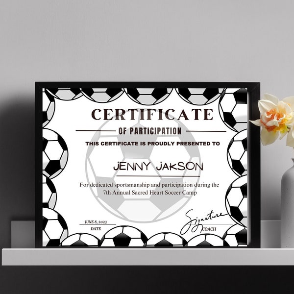 Editable Soccer Certificate Template - Printable Certificate Template - Soccerball Certificate Template Personalized Diploma Certificate