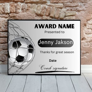 Soccer Award Certificate Editable Canva Template, Printable Award End of Season Ceremony Soccer Awards, Soccer Participation Award