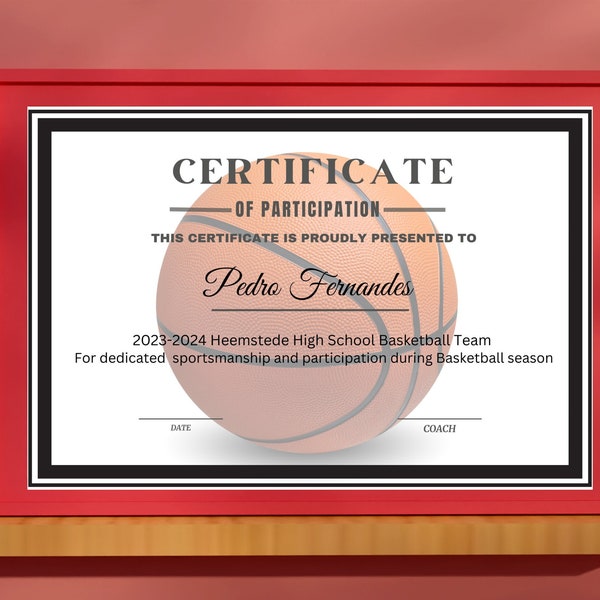 Editable Basketball Certificate Template - Printable Certificate Template - Basketball Certificate Template Personalized Diploma Certificate