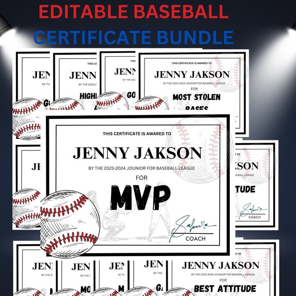 Paquete de certificado de premio de béisbol editable, plantilla de Canva, fiesta del equipo imprimible, premios de béisbol de fin de temporada, participación en T-Ball