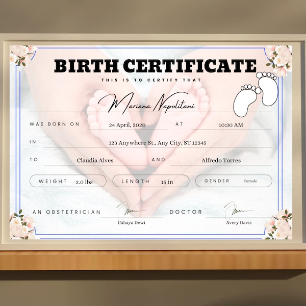 Printable Birth Certificate, Girl Floral Birth Certificate with editable footprints, Personalize, Custom Newborn Gift, CANVA,