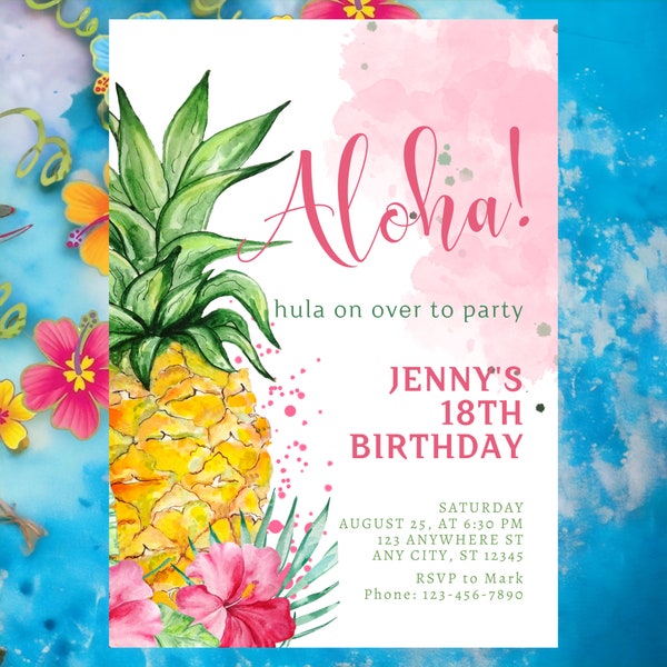 Printable Aloha kids birthday invitation, aloha party, Pineapple Birthday, Hawaiian Luau invite, tropical party invitation, Aloha birthday