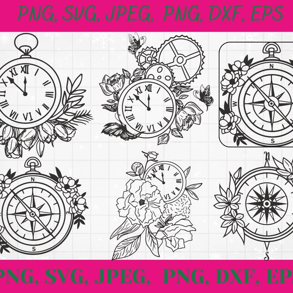 Floral Clock Svg File\ Vintage floral clock Svg\ Wedding clock Svg\ Clock with flowers\ Pocket clock svg\ Flower watch svg\File for Cricut