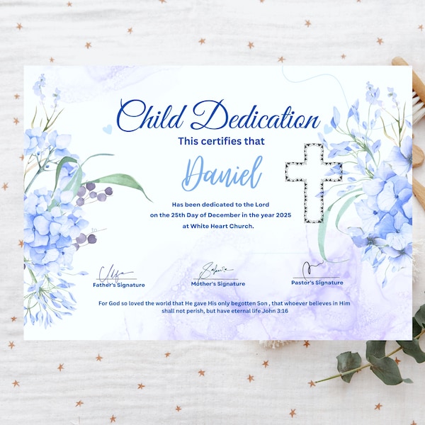 Baby Dedication Certificate Template, Editable Child Dedication Certificate, Printable Baby Christening Certificate Canva Template.