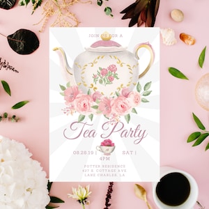 Tea Party Birthday Invitation Template, Printable Girls Birthday Invite, Boho Florals, Editable, Instant Download, Template