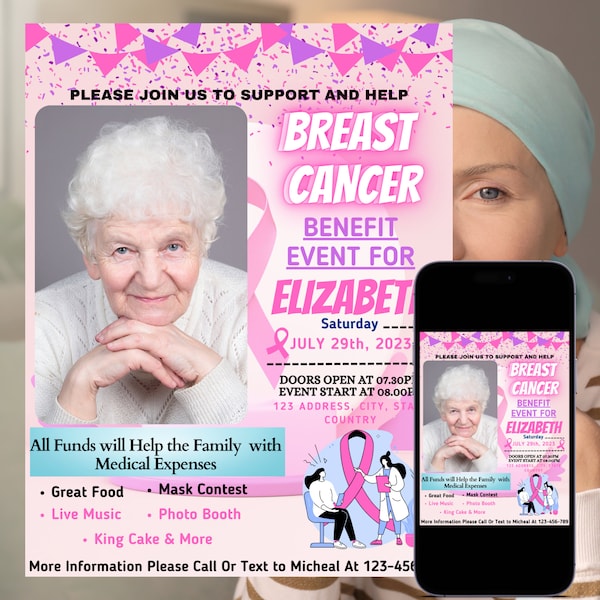 Brustkrebs-Benefiz-Fundraiser-Flyer, druckbare rosa Charity-Kirche-Benefiz-Spendenaktion-Event-Poster Frauenkrebs, EDITIERBARE VORLAGE