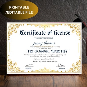 Editable License to Preach Template, Printable Certificate of License, Minister's License, Elegant Certificate Template Download