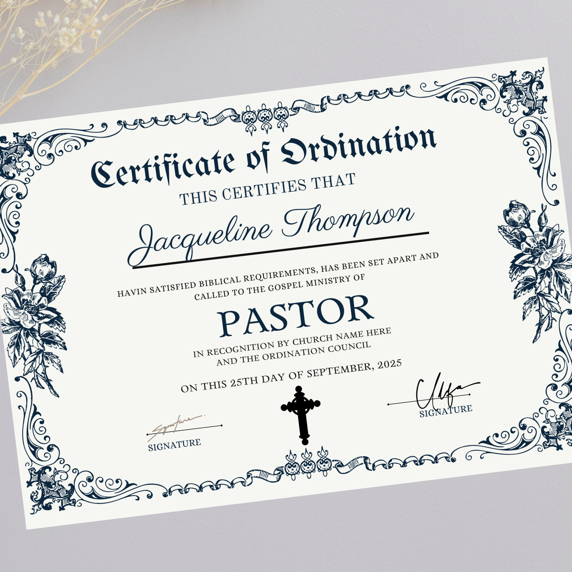 Pastor Ordination Certificate Template Editable Certificate of