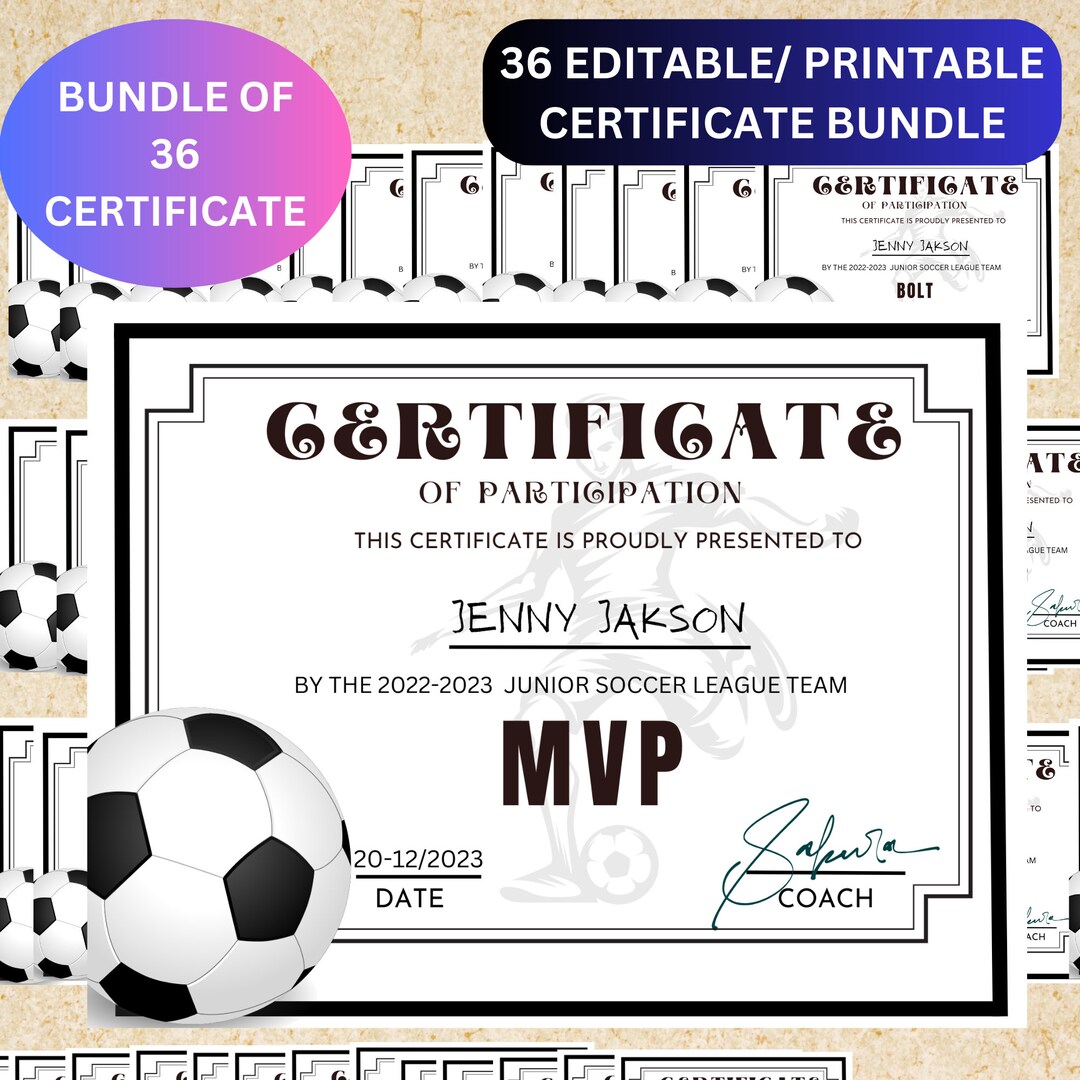 Soccer Certificate of Participation, INSTANT DOWNLOAD, Editable Soccer