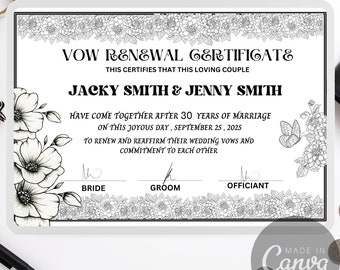Printable Vow Renewal Certificate, Editable Wedding Certificate ...
