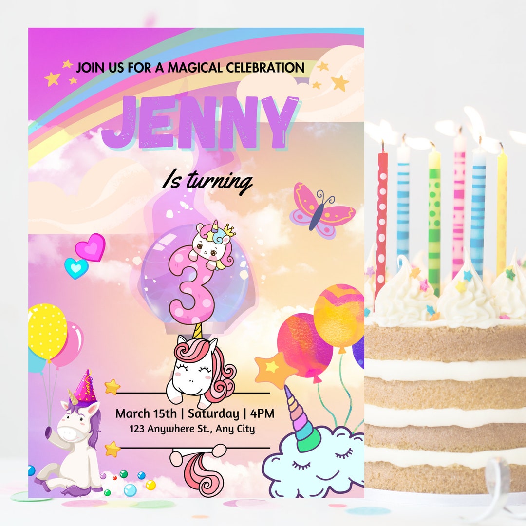 Editable Unicorn Rainbow Birthday Invitation Unicorns Rainbows Sparkles ...