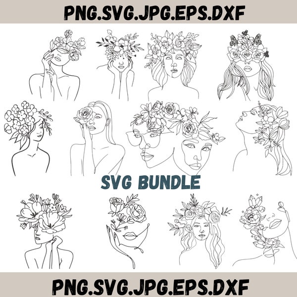 Floral Line Art SVG\ Line Art Women SVG Bundle\ Cut Files for Cricut | Flowers in hair svg. Line Art face svg\ Faces Woman, Home decor Svg