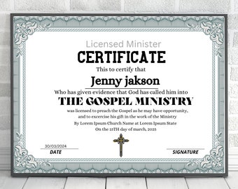 License to Preach Template/ Printable Certificate of License/ Minister's License/Elegant Editable Certificate Template Download