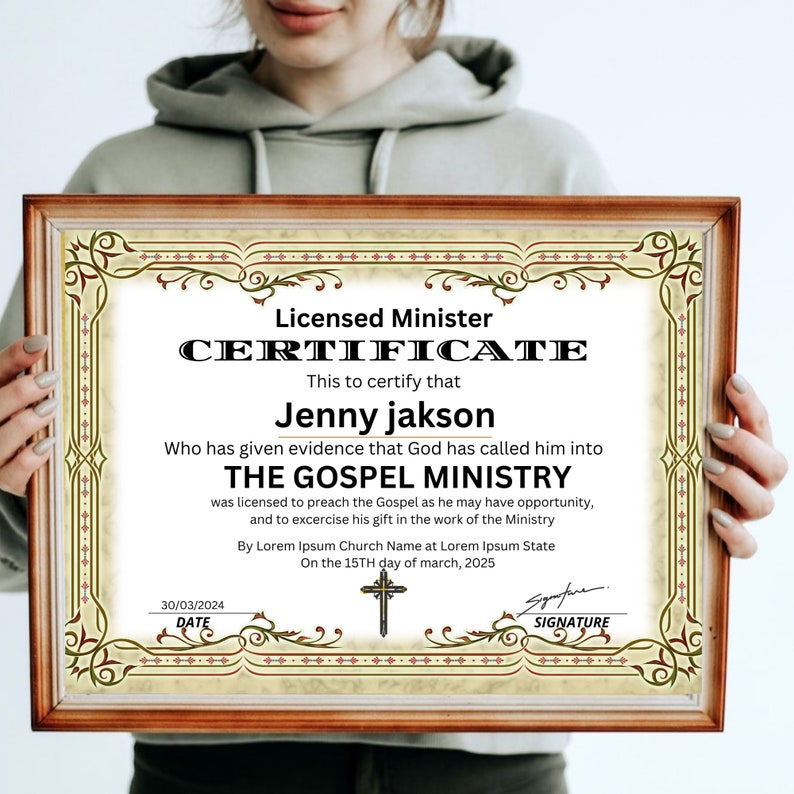 Editable License to Preach Template/ Printable Certificate of License ...