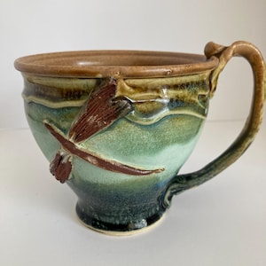 Vintage Art Pottery Signed Coffee Mug Dragonfly