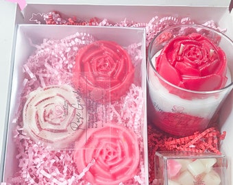 Geschenkdoos rozenkaars: sojakaars, waxmelts, snoephartjes