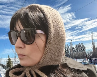 Bonnet. Hand knitted Adult Bow Tie Bonnet. Wool alpaca hat. Winter Warm hat. Balaclava