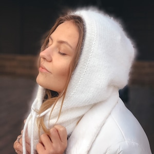 Knitted hood, balaclava, hat. Self made. Angora wool fluffy balaclava hat. A voluminous, very beautiful hood. image 17