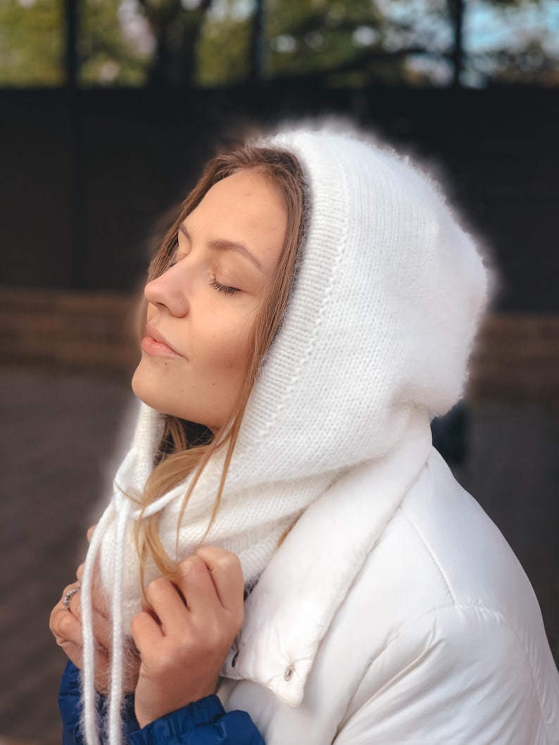 Knitted hood, balaclava, hat. Self made. Angora wool fluffy balaclava hat. A voluminous, very beautiful hood. image 17