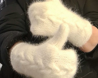 Knitted merino angora mittens. White knitted mittens. Women's mittens gift for her