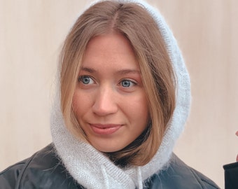 Fluffy angora wool hood.Knitted hood, hat, balaclava, snood. Angora , wool yarn