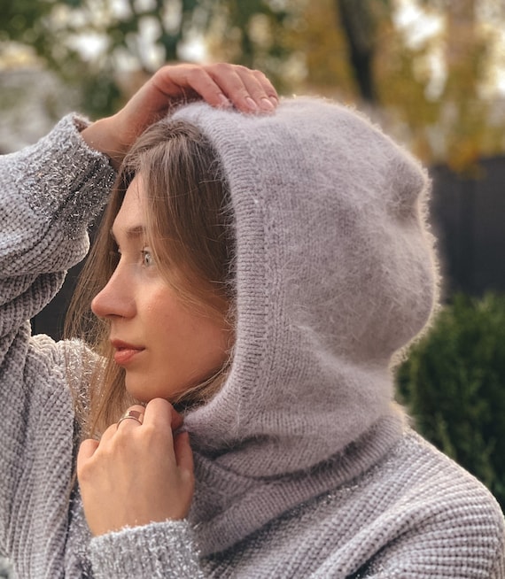 Knitted Hood, Balaclava, Hat. Self Made. Angora Wool Fluffy