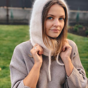 Knitted hood, balaclava, hat. Self made. Angora wool fluffy balaclava hat. A voluminous, very beautiful hood. image 14