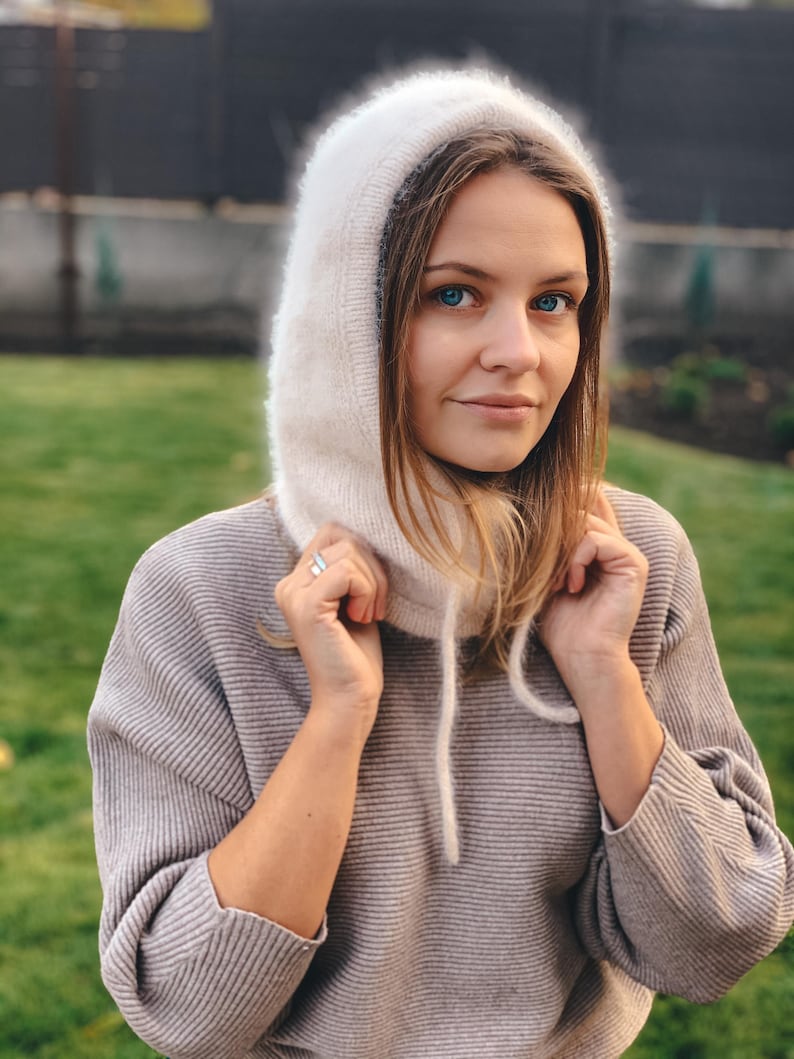 Knitted hood, balaclava, hat. Self made. Angora wool fluffy balaclava hat. A voluminous, very beautiful hood. image 14