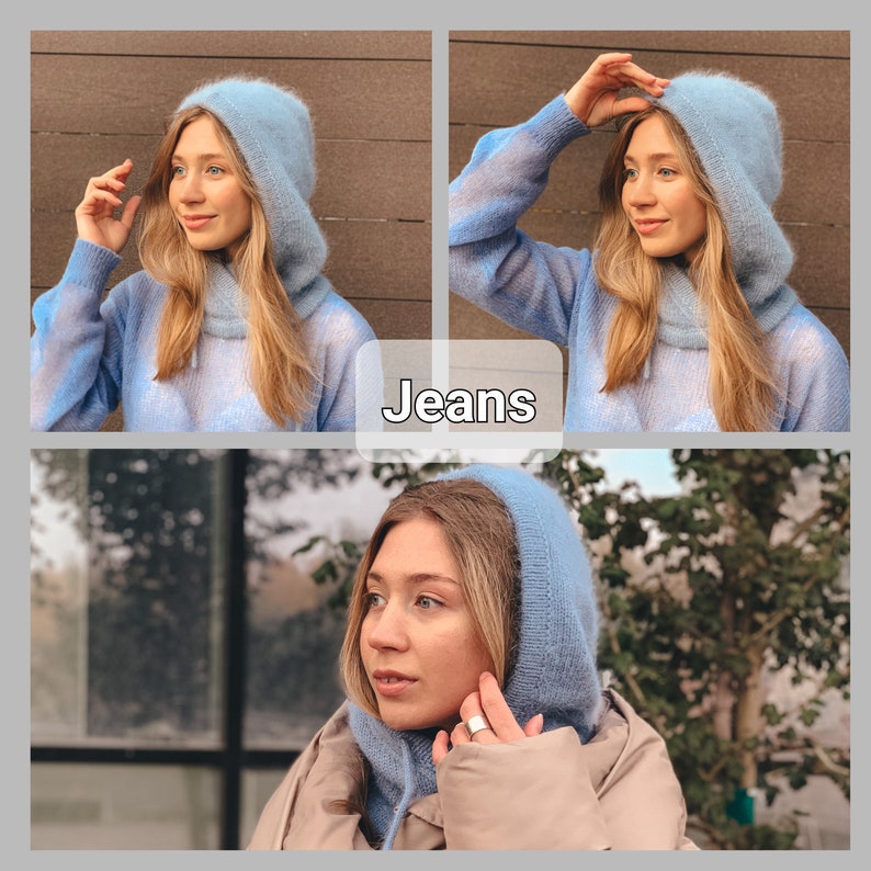 May include: A woman wearing a light blue fuzzy hooded sweater and a light blue fuzzy hat. The text "Jeans" is visible in the image.