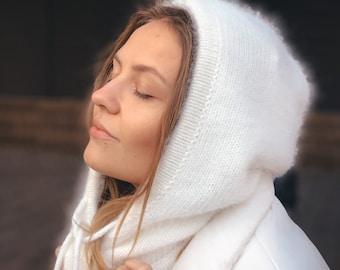 Hood white, hat, balaclava, snood. Angora yarn