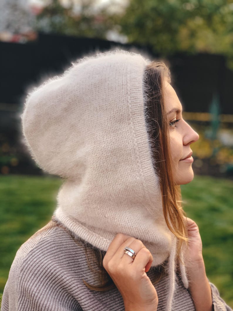 Knitted hood, balaclava, hat. Self made. Angora wool fluffy balaclava hat. A voluminous, very beautiful hood. image 13